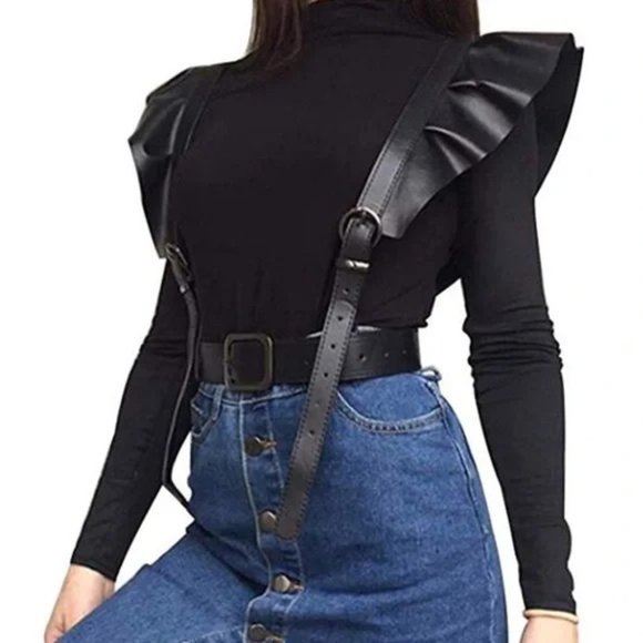 New  Harness Suspenders Leather Black - Picture 2 of 3